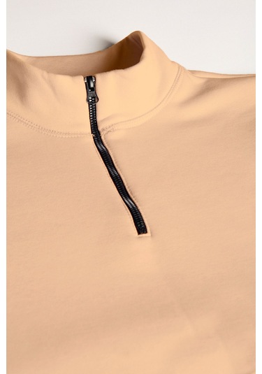 Erkek Krem Yarım Fermuarlı Basic Düz Sweatshirt Krem