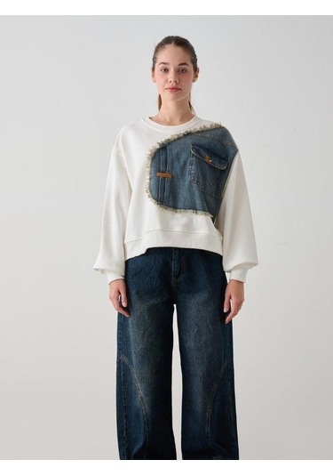 Kız Çocuk Mevsimlik Önü Denim Garni Cepli 3 İplik Sweatshirt-14773 Ekru