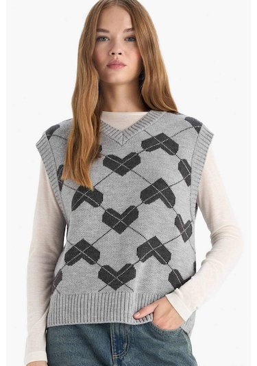 Defacto Coool Regular Fit V Yaka Desenli Süveter F9541ax25augr256 Gri