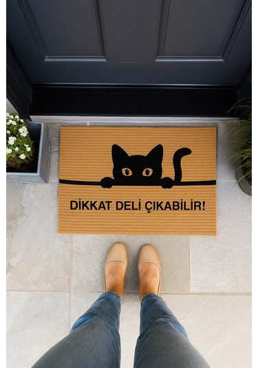Kedili Paspas Kapı Önü Paspası Kitty Kapı Önü Kaymaz Paspas Dikkat Deli Çıkabilir Paspas Açıkkahverengi - Bej