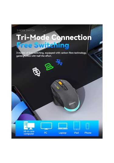 Mkespn Sxs-w601 7 Tuşlu Gaming Mouse Karbon Fiber 3 Modlu Kablolu - Bluetooth - Usb Alıcılı 12800 Dpı Makro Tanımlı Oyun Faresi -