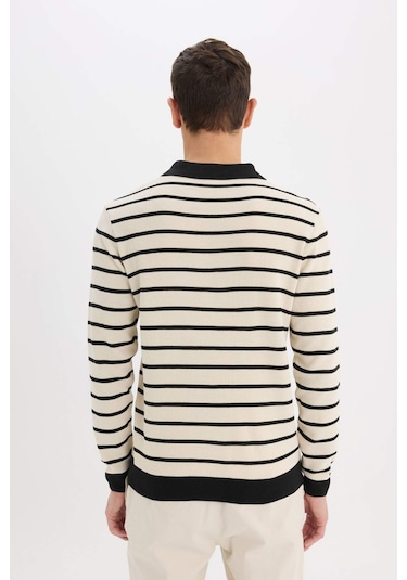 DeFacto Standart Fit Polo Yaka Çizgili Triko Kazak	 E7604AX24WNBK27