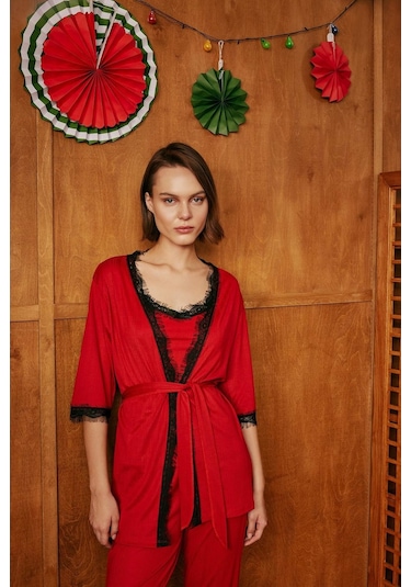 Defacto Fall in Love Yılbaşı Temalı Kırmızı Wrap Yaka Sabahlık B7696AX23WNRD119 Kırmızı