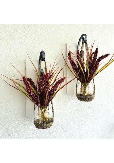 Duvar Dekoru, Led Işıklı, Kırmızı Çubuk Cipso Çiçekli, Beyaz Aplik İkili Set