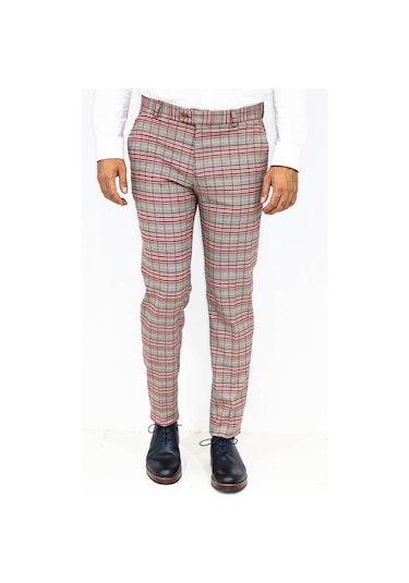 Wessi Kırmızı Ekose Desenli Slim Fit Gri Erkek Pantolon Gri