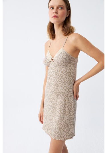 Akbeniz Kadın Penye Vizon Leopar Desenli İp Askılı Gecelik 36717 Vizon