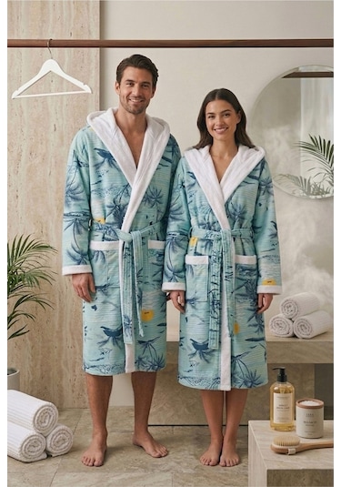Retro Island Pamuklu Desenli Kapüşonlu Bornoz Turkuaz Güneş Desen