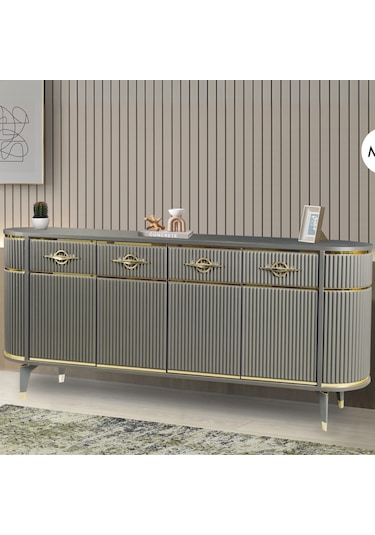 Maya Antrasit Gold Lüks Konsol 4 Kapak Oval Gövde Pramit Ayaklı 180x45x84 Cm Antrasit - Gold