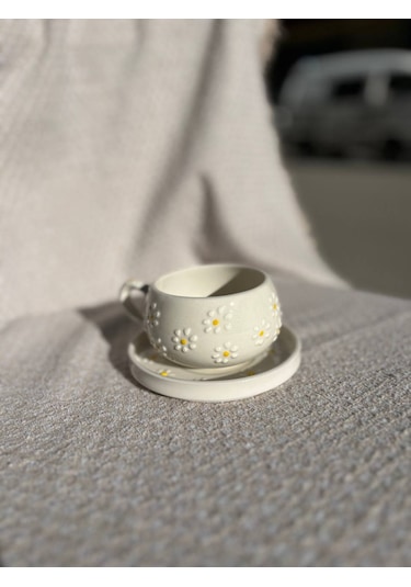 El Yapımı Seramik Kupa, Mug, Türk Kahvesi Bardağı Papatya Desen