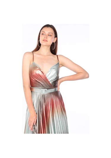 Kadın Ince Askılı Piliseli Parlak Abiye Renkli