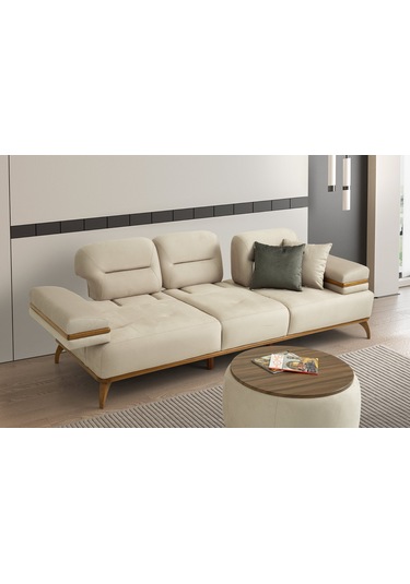 İnci Ahşap Ayaklı Mekanizmalı 3 Lü Kanepe Beyaz