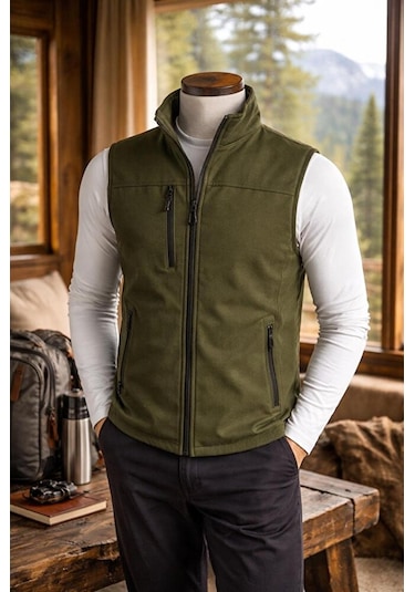 Vatan Tekstil Dik Yaka Slim Fit 3 Cepli Softshell Erkek Yelek Su İtici Kumaş Haki