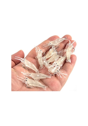 Valkyrie 12 Adet Fosforlu Kancalı Silikon Karides Olta Yem Sahte Yapay İğneli Balık Yemi Beyaz