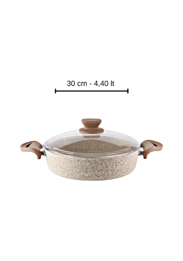Diez 30 Cm Granit Basık Tencere Cappucıno Yapışmaz Karnıyarık & Pilav Tenceresi Cam Kapaklı