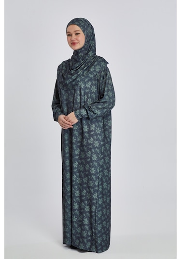 Pratik Tek Parça Manolya Desenli Namaz Elbisesi Siyah