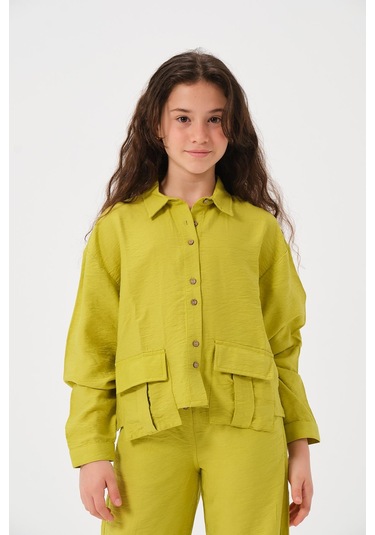 Genç Kız Çocuk Cepli Uzun Kollu Gömlek Fıstık Yeşil