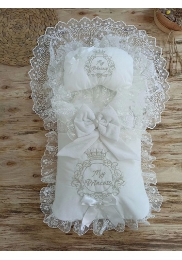 Yenidoğan Nil Taç Nakışlı Hayal Güpürlü Trilüks Kundak Bebek Battaniyesi 3lü Alt Açma Seti Bej Bej