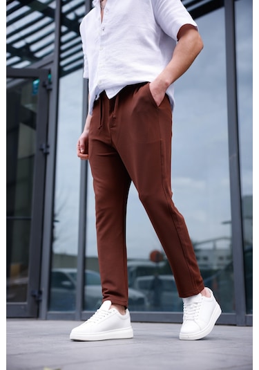 Erkek Kahve Renk Likralı Kumaş Jogger Pantolon-1757 Kahve Kahverengi