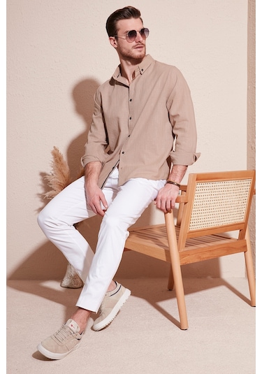Buratti Pamuklu Regular Fit Düğmeli Yaka Erkek Gömlek Cf20S111871 Toprak