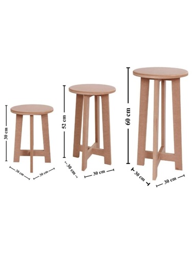Boyanabilir Ahşap Mdf Yuvarlak Demonte 3' Lü Tabure Seti