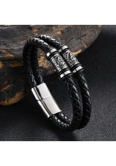 Punk Erkekler Viking Tarzı Deri Bileklik Örgülü Çok Katmanlı Paslanmaz Çelik İskandinav Rünleri Bilezikler Çift Takı Hediye Siyah