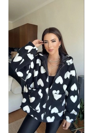 Kalpli Peluş Ceket İçi Astarlı Siyahbeyaz Siyah