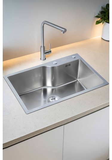 Yuna Serisi %100 Krom 68x45 Paslanmaz Mutfak Eviyesi, Mutfak Lavabosu Sifon Dahil Silver