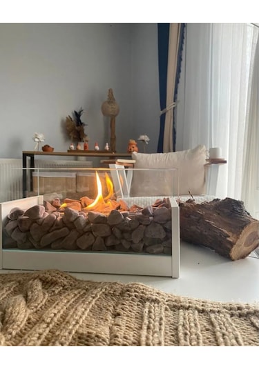 Masa Üstü Şömine Metal Beyaz - Taşlı Yakıt Hediyeli