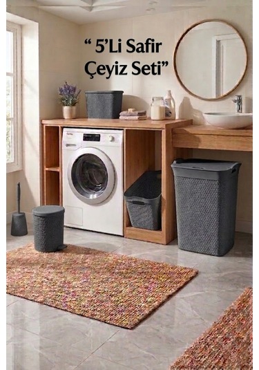 5'li Safir Çamaşır Sepeti Seti Örgü Desenli Antrasit