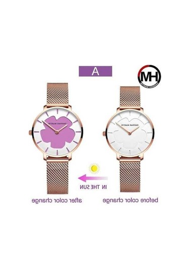 Novahub Mor Değişen Çiçekler Kadın Kol Saati - Basit Moda Pembe Örgü Kemer, Japon Hareketli Su Geçirmez Kuvars Saat Çok Renkli