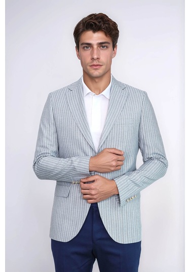 Açık Mavi Çizgili Keten Dokulu Gold Renk Metal Düğmeli Slim Fit Erkek Blazer Ceket Wessi Navy Blue
