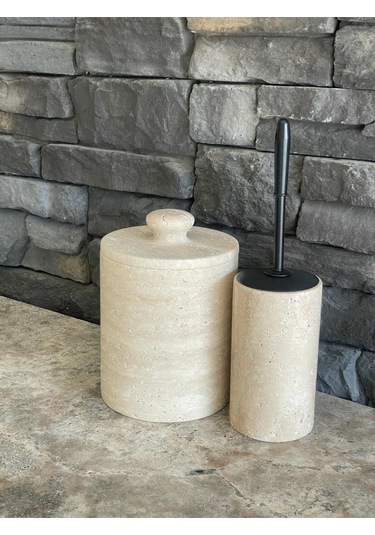 Traverten Doğal Taş Çöp Kovası Ve Wc Fırçalığı 2'li Mat Siyah Fırça Beyaz