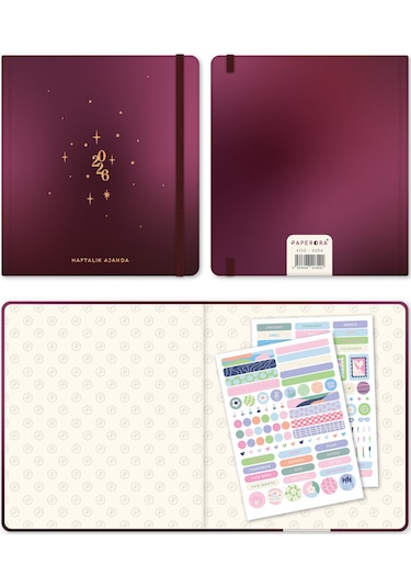 2026 Dikey Haftalık Ajanda 12 Aylık Sert Kapak 18x20 Cm - Bordo Bordo