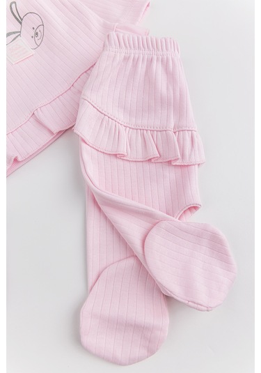 Tavşan Figürlü Pamuklu 5 Parça Kız Bebek Hastane Çıkışı Bebek Takımı Pembe