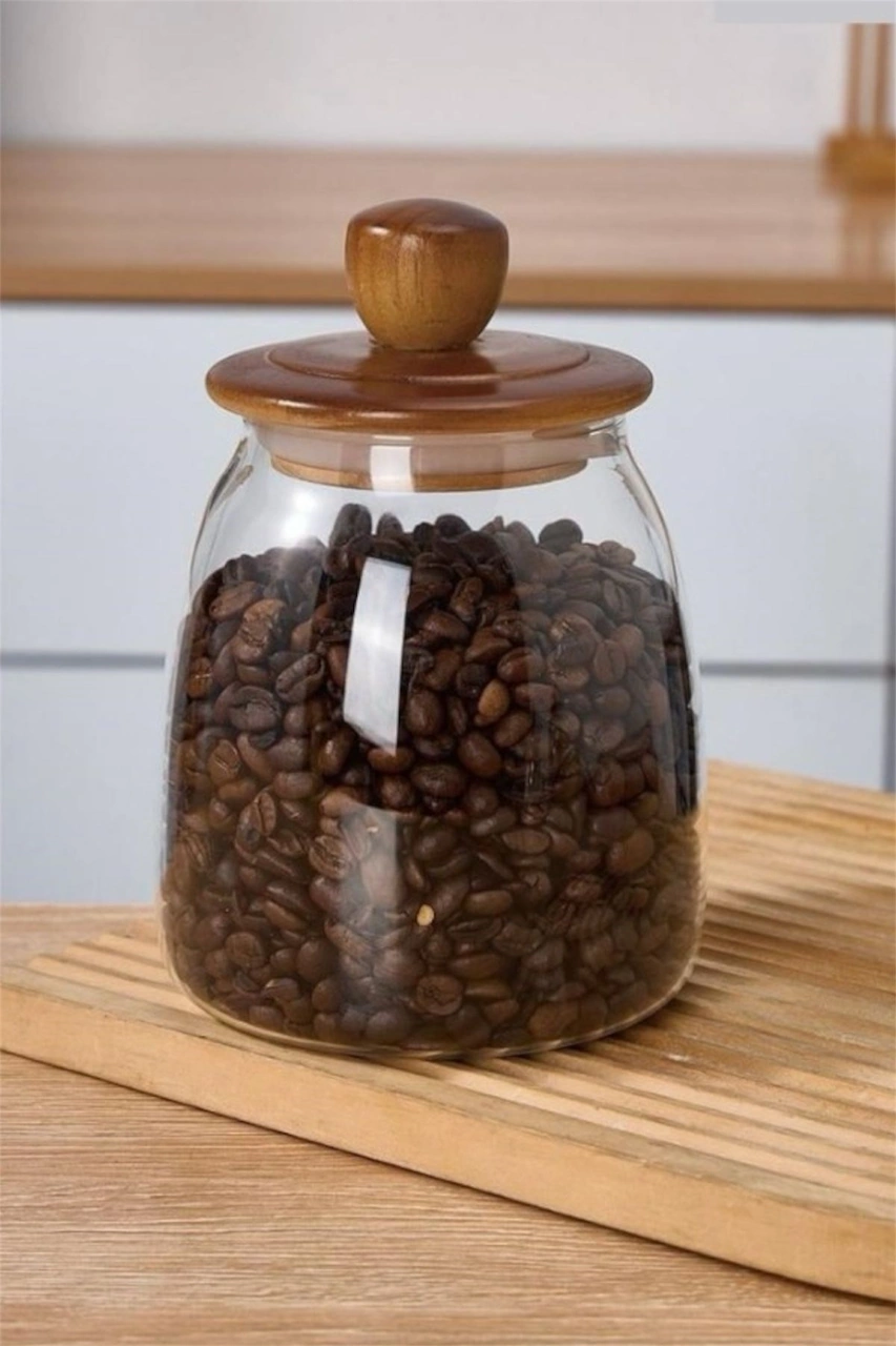 Qerhome 3'lü Akasya Kapaklı Herry Borosilikat Konik Cam Kavanoz 500 -700-950 Ml Şeffaf