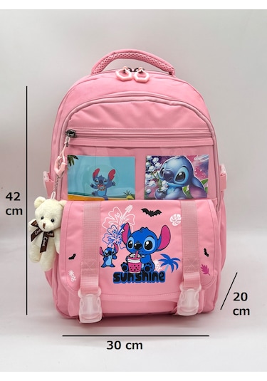 Stitch Desen Aksesuarlı Kore Tarzı Termal Beslenmeli Ve Kalemlikli Kız Çocuk Okul Sırt Çantası Seti Pembe