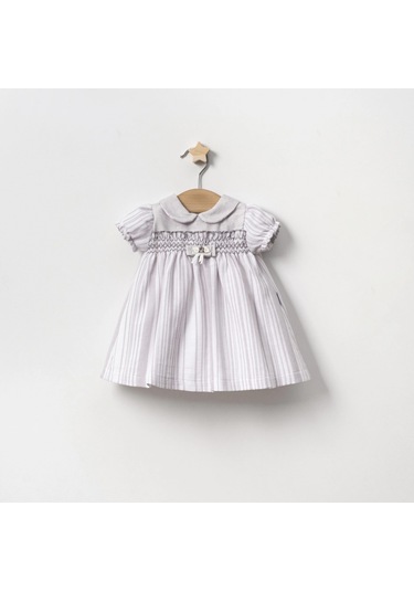 Yazlık Robası Zikzaklı Çizgili Bebe Kız Elbise Gri