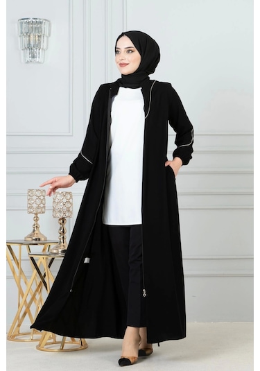 Beyaz Biye Detaylı Ferace - Siyah Siyah