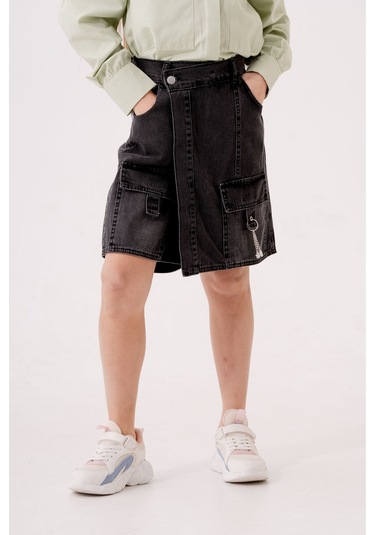 Kız Çocuk Şeritli Kot Şort Etek 2875 Gri