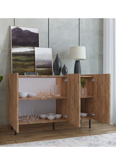 Demir Ayaklı Ahşap Görünümlü Mdf Çok Amaçlı 3 Kapaklı Konsol