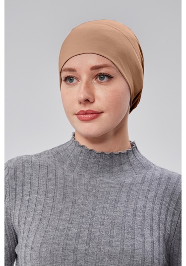 Kadın Tesettür Hazır Pratik Geçmeli Bone Lastikli Kaymaz Sütlü Kahve Sütlü Kahverengi