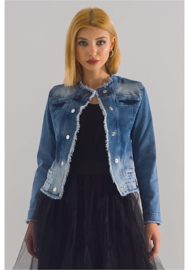Bold & Young Kadın Yağ Yeşili Power Strech Çıt Çıtlı Slim Fit Denim Ceket mavi