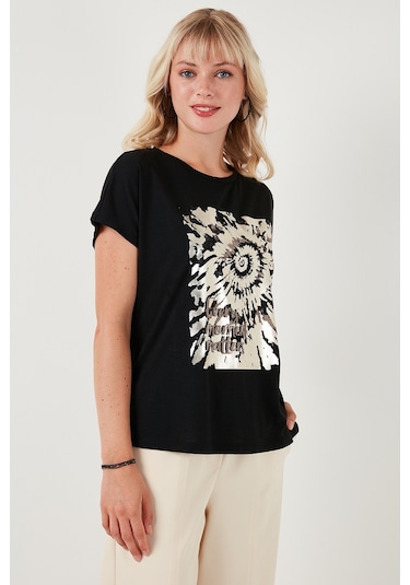 Lela Baskılı Bisiklet Yaka Regular Fit Bayan T Shirt 6671001 Siyah