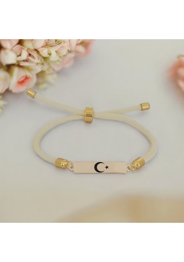 Archin Türkiye Temalı 14 Ayar Altın Plakalı Dikdörtgen Figürlü Beyaz Örgülü Hediye Bileklik-413sembol Türkiye