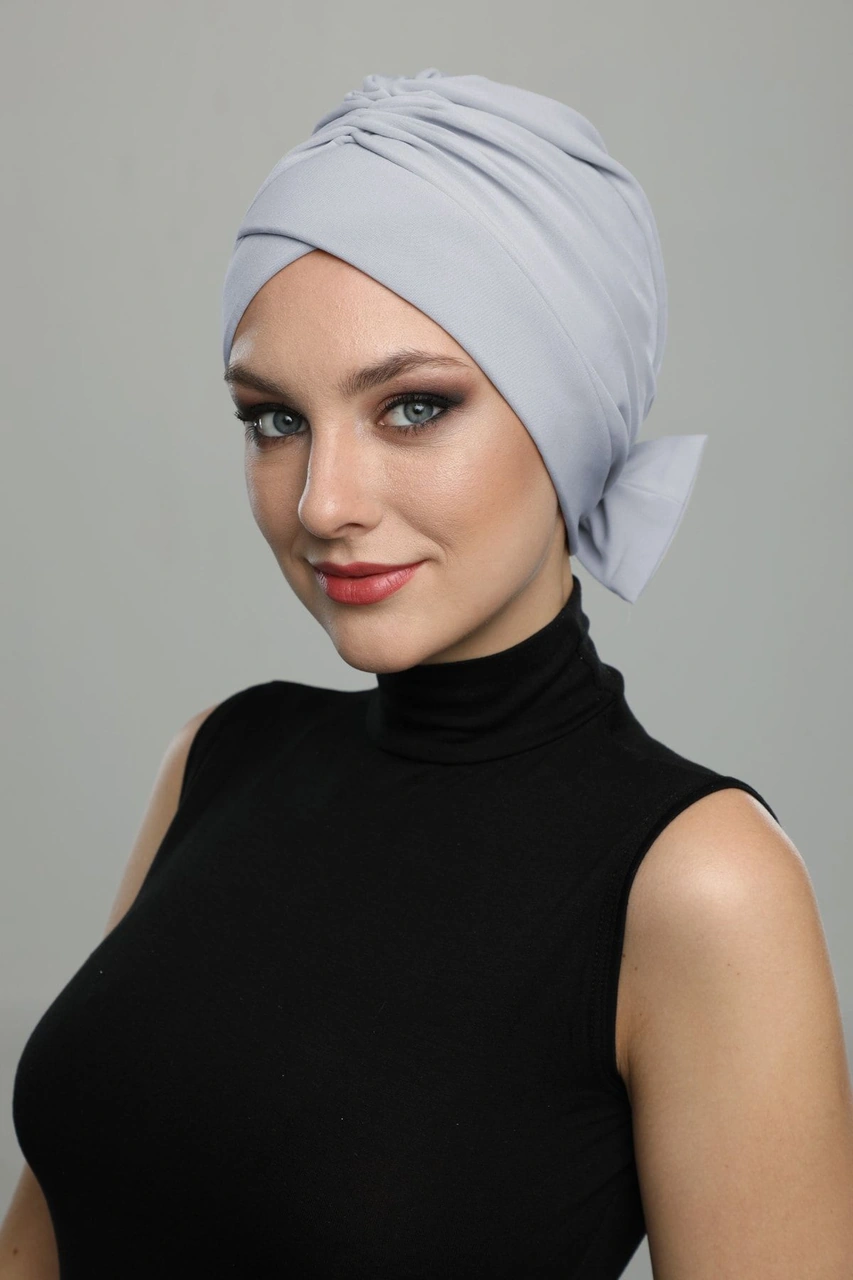 Fiyonklu Açık Gri Hazır Türban Tesettür Havuz Bonesi Açık Gri