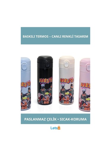 Naruto Temalı Paslanmaz Çelik Anime Baskılı Termos Sızdırmaz 500ml Çok Renkli