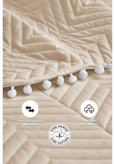 Evlen Home Ponponlu %100 Pamuk Tek Kişilik Günlük Yatak Örtüsü Pike Takımı Seti Bej
