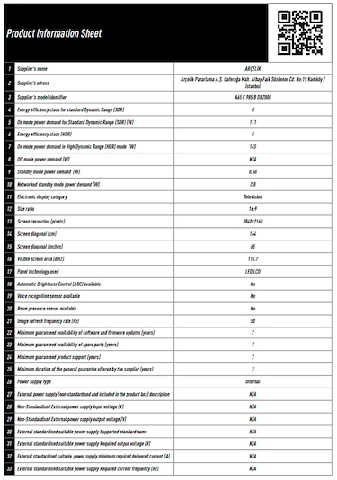 Arçelik A65 C 985 B Imperium 9 65" 4K Ultra HD Android Smart LED TV