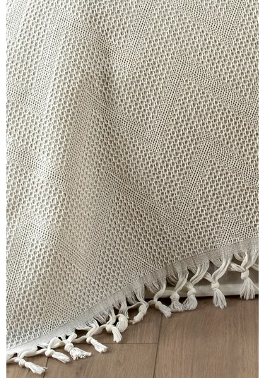%100 Pamuk Çift Kişilik Bağlama Saçaklı Pike-220x240 Cm-krem Krem Krem