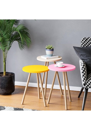 İntergo Renkli Üçlü Zigon Sehpa Ahşap Ayaklı Yuvarlak Pastel Tasarım Sarı-Krem-Pembe